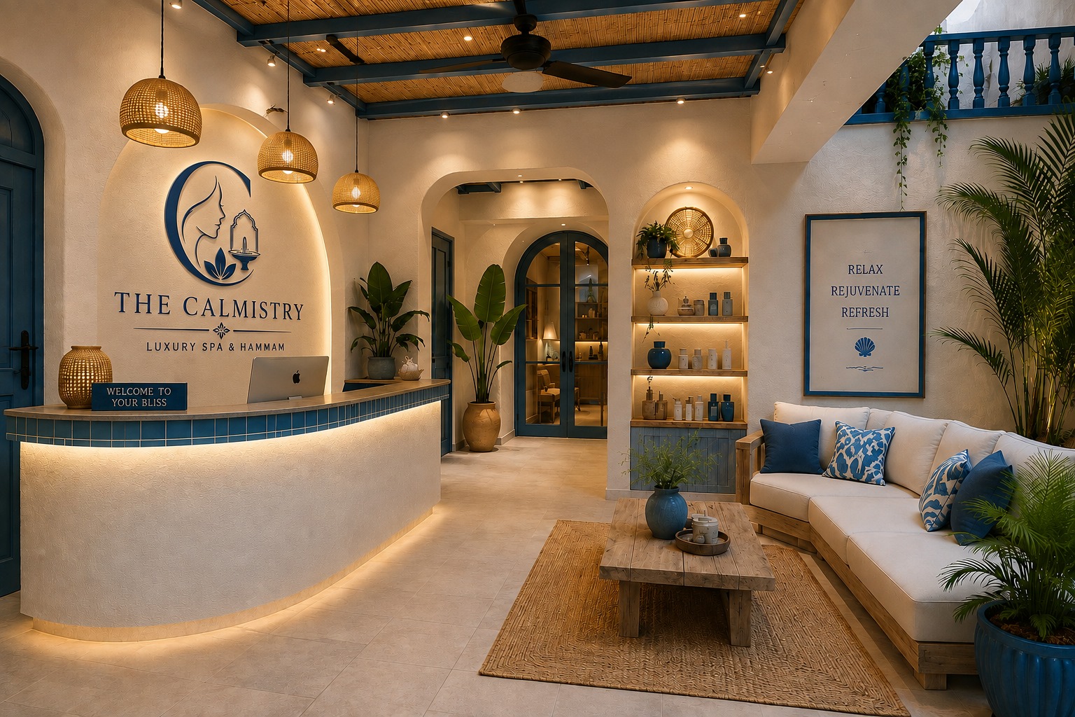 Calm spa interior with candles and natural textures